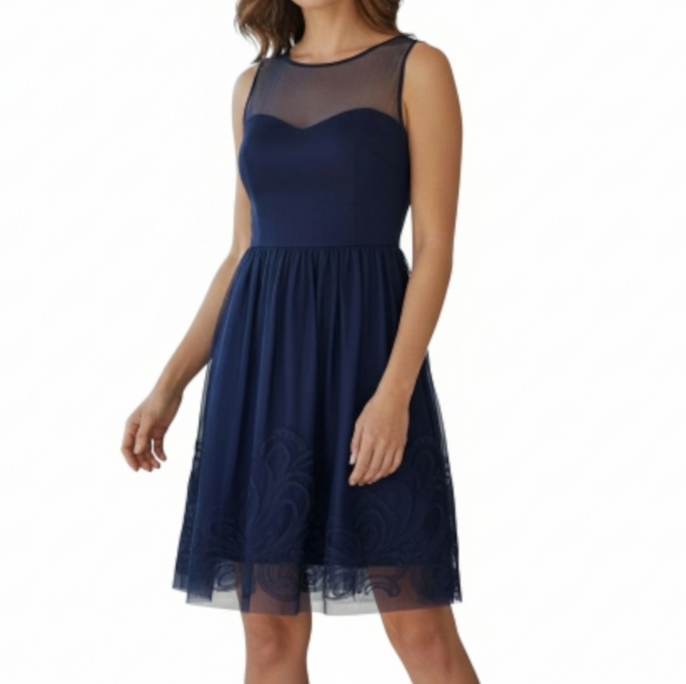 Eliza J Illusion Sweetheart Dress Mesh Sleeveless Navy Keyhole No Belt Size S